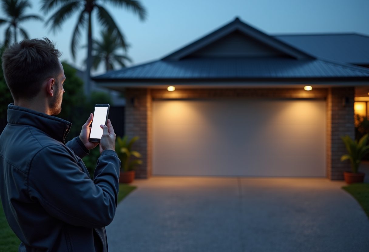 Smart garage door opener installation at dusk — Tallebudgera